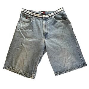 Vintage Tommy Hilfiger Men’s Denim Shorts Blue 36 Spellout Waistband Baggy Y2K